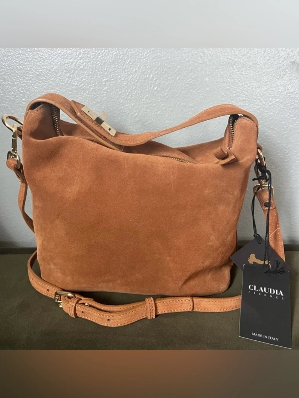 Claudia Firenze Genuine Suede Hobo Hand Bag/Crossbody Cognac Camel Italian NWT